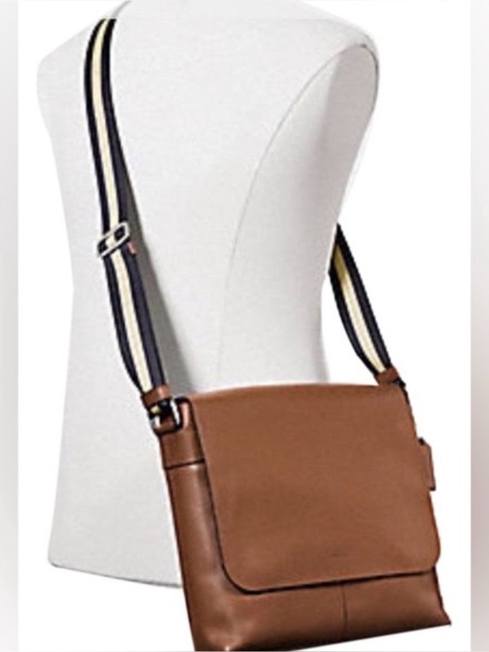 Coach Tan Leather Messenger Bag with Navy & Cream Striped Strap